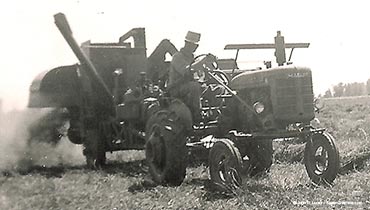 Combining alfalfa seed - Farmall A tractor - AC Row Crop 66 Combine